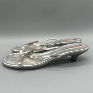 Prada Sandals Leather Silver Metallic Kitten Heels Slip On Size Eu38 US 7/7.5